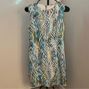 T Tahari Blue and Green Geometric Midi Dress